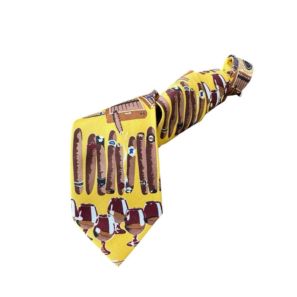 Toledano Cigar‎ Whiskey Novelty Tie Yellow Bar Drinks Pattern Bourbon Cognac